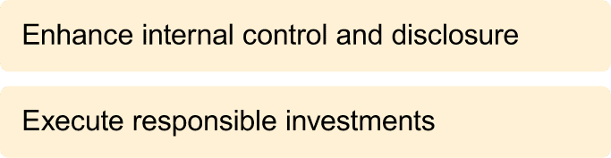 -Enhance internal control and disclosure -Execute responsible investments