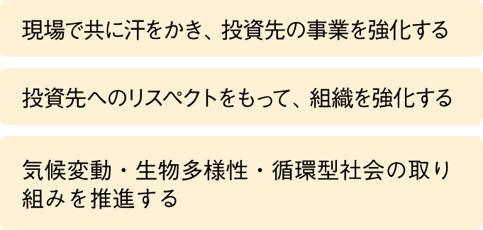 ・現場で共に汗をかき、投資先の事業を強化する・投資先へのリスペクトをもって、組織を強化する・気候変動・生物多様性・循環型社会の取り組みを推進する